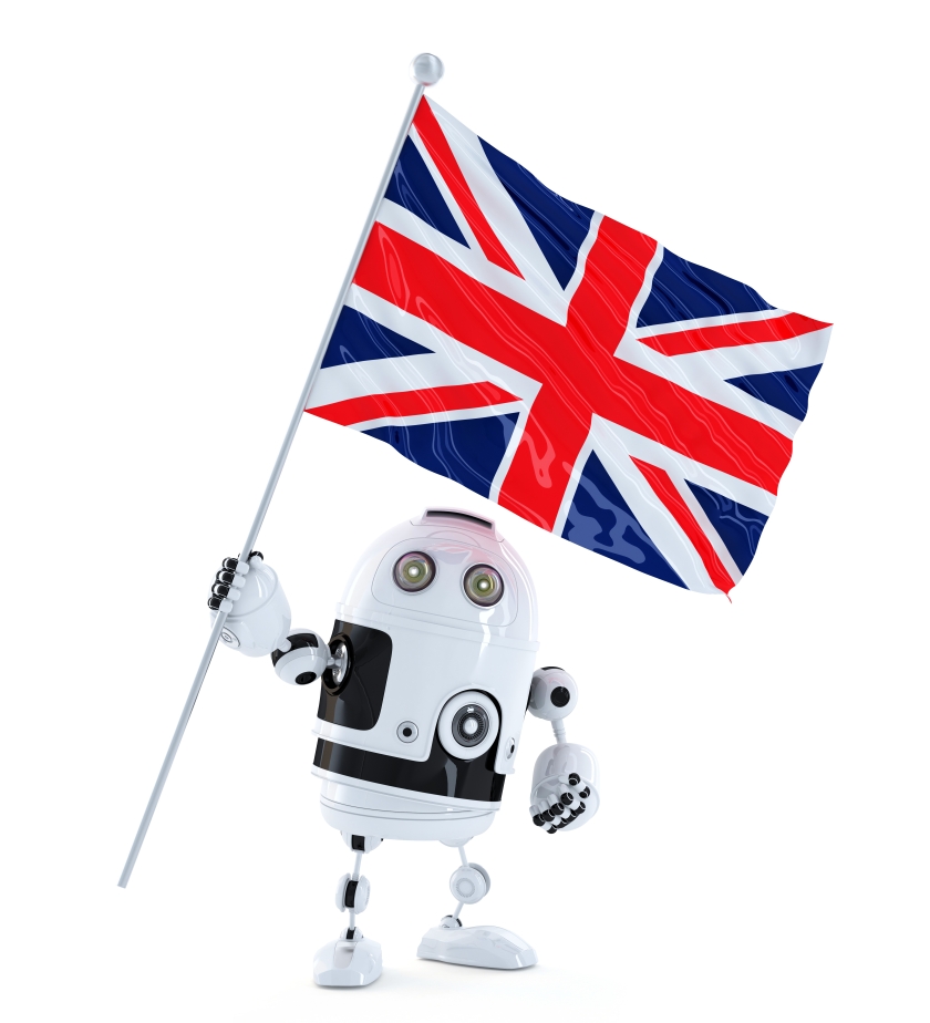 Android Robot standing with flag of UK. Isolated over white